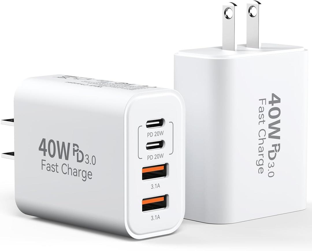 USB C Charger Block, 40W 4 Ports Type C Fast Phone Charging Blocks Cube PD USBC Wall Plug+QC 3.0 USB A Charger Brick Box Power for iPhone 17/16/15/14/13/12 Pro Max, iPad, Samsung Galaxy, Pixel, 2Pack (White)