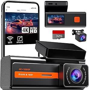 Dash Cam Front and Rear Camera, Veement 4K Dash Cam, Car Dash Camera 4K+1080P with 1.47” Display, 170°Wide, Night Vision,24H Parking, G-Sensor,Loop Recording with Free 32G Card Dashcam
