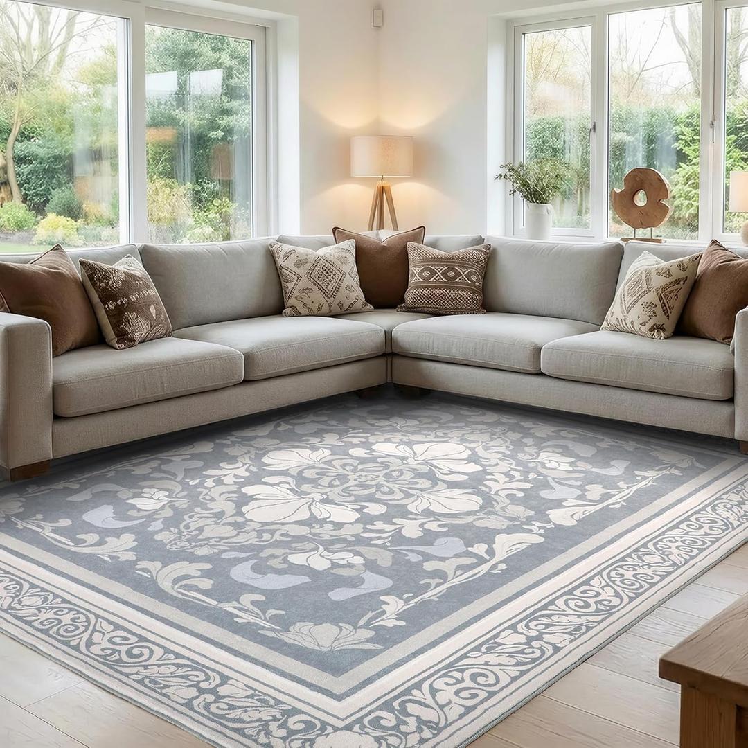 SOULFUL Medium Pile 4x6 Rugs for Living Room - Soft Foot Feel Area Rug - Greige Boho Floral - Washable Non-Slip - Perfect for Bedroom Kids Room Under Dining Table Office