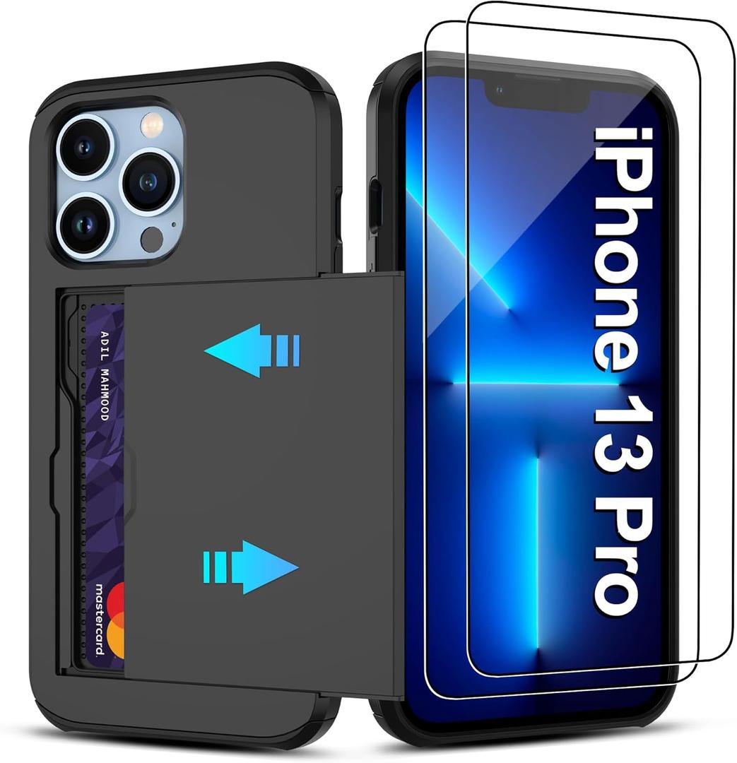 Pilaru for iPhone 13 Pro Case with Card Holder2 Pcs HD Screen Protector Slim Heavy Duty Dual Layer Shockproof DesignHidden Card Slot  Wallet Case for iPhone 13 Pro Phone Case -Black