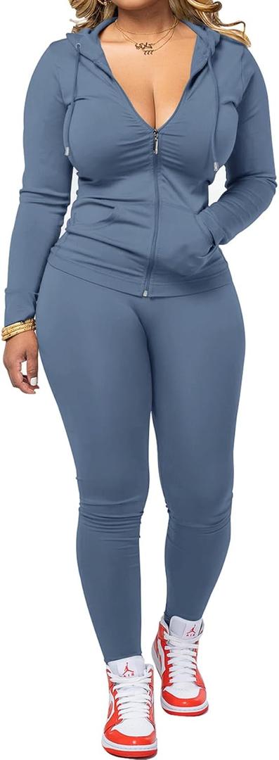 PINSV Women Two Piece Outfits Workout Sets Bodycon Tracksuit Long Sleeve Zip Up Hoodie Jacket Jogger Matching Sweat Pants Set (XX-Large, Grey Blue)