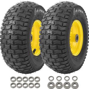 AR-PRO (2-Pack) 13x5.00-6 Front Tire and Wheel Assembly, 4-Ply Tubeless Turf Tire with Rim for Riding Mower Lawn Tractor, 3"-6" Offset Hub & 3/4" Bushings extra 5/8" Bushings (Yellow)