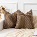Kevin Textile Pack of 2 Farmhouse Decorative Throw Pillow Covers Boho Woven Texture Burlap Linen Cushion Cover Striped Pillowcase, Brown 20 x 20 inches 50 x 50 cm
