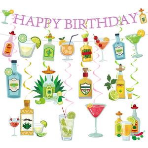 Margarita Tequila Party Decorations, Fiesta Birthday Banner And Hanging Swirls, Cocktail Theme Decor For Bar Birthday Celebration