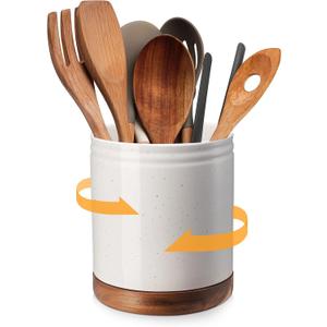 DOWAN 7.6" 360 Rotating Utensil Holder, Kitchen Utensil Holder for Countertop,Large Ceramic Utensil Crock for Kitchen Decor, Protection Cork Bottom, Speck White
