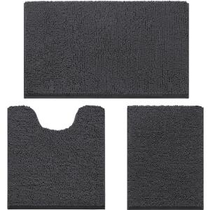 HOMEIDEAS 3 Pieces Bathroom Rugs, Ultra Soft Non Slip Absorbent Chenille Toilet Bath Mat Set,Grey-Dark Grey, 17"x24"+20"x32"+U Shape 20"x24"