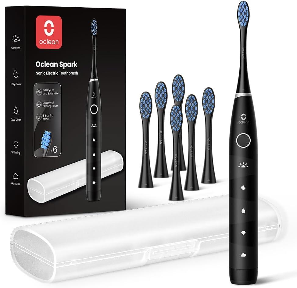 Oclean Electric Toothbrush for Adults, 150 Days Battery Life Electric Toothbrush, USB Rechargeable Sonic Travel Toothbrush with 6 Brush Heads & Travel Case, 5 Modes and Smart Timer (Black)