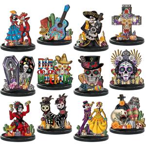 Wesiti 12 Pcs Day of The Dead Table Decorations Wooden Mexican Dia De Los Muertos Altar Centerpiece Halloween Sugar Skull Table Topper Decor Skeleton for Mexican Fiesta Tiered Tray Decor Party Favor