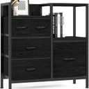 Furnulem Dressers for Bedroom Organization Fabric Dresser Units with 5 Storage Drawers Sturdy 2 Tier Shelf Large Space Drawer for Hallway Entryway Dorm Black (Black Oak)