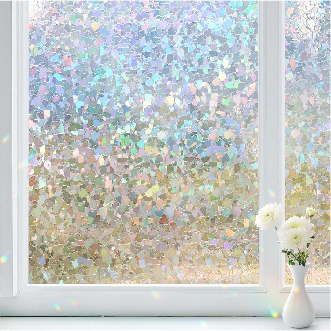 Haton Window Privacy Film Rainbow Film Stained Glass Window Clings, 3D Decorative UV Sun Blocking Sticker, Static Cling Removable Heat Control Tint for Home Door, 17.5" x 78.7" Non-Adhesive (Clear)