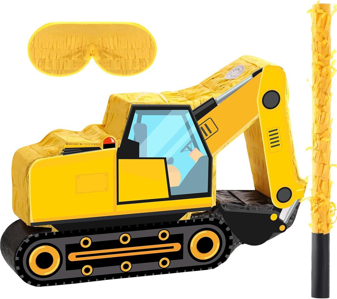 Aoriher Construction Dump Truck Piata with Blindfold and Bat Construction Party Supplies Tractor Excavator Piata for Kids Truck Birthday Decor(Excavator)
