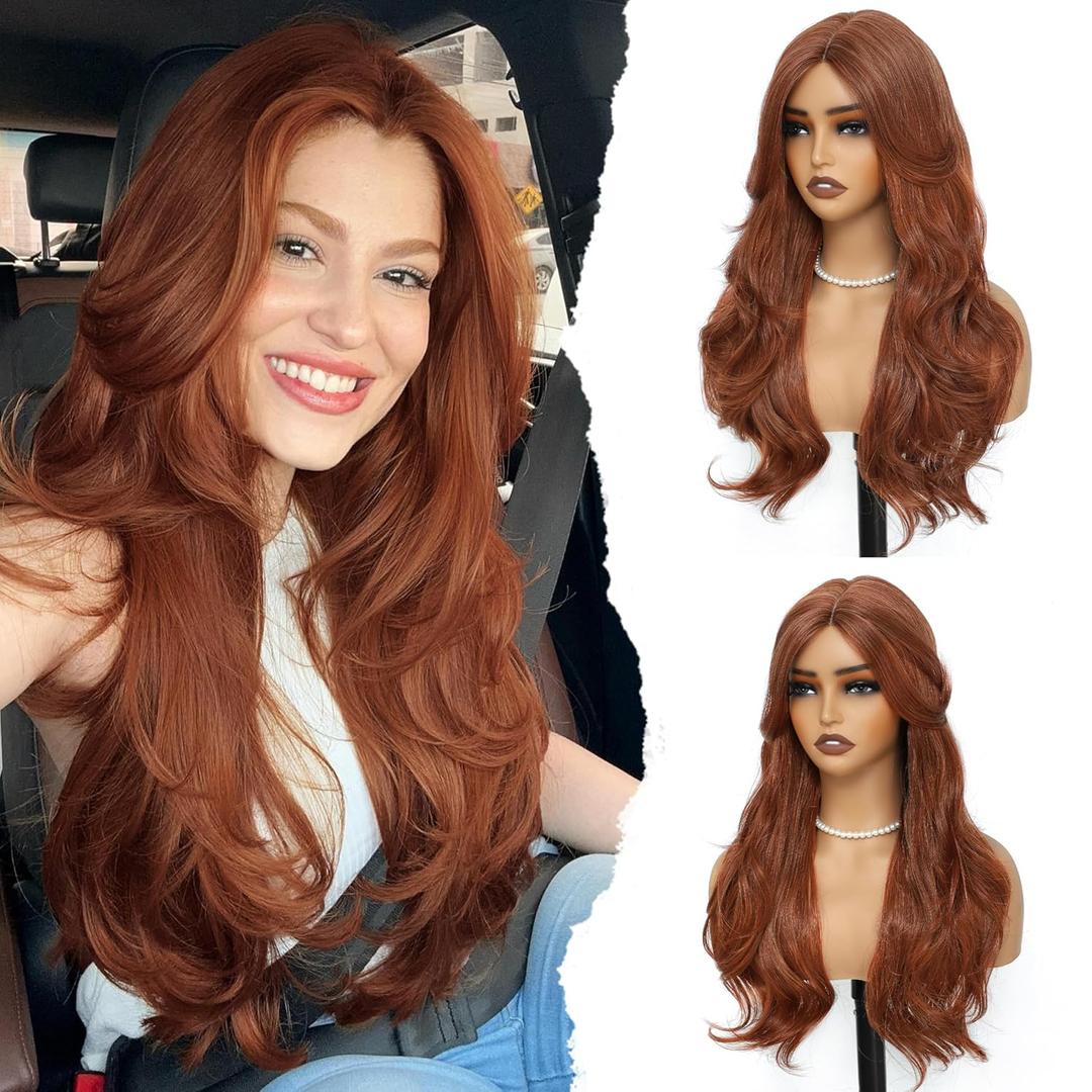 Dark Auburn Wig 26 Inch Curtain Bangs Wigs for Women Long Wavy Layered Synthetic Wig Pre Cut Lace Glueless Wear and Go Natural Hair Wigs for Daily Party/Halloween Use 26Inch