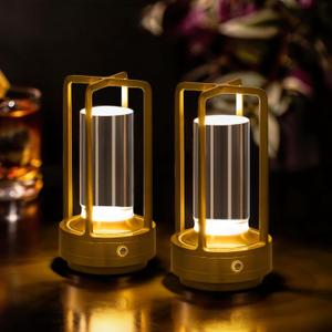 Rechargeable Table Lamp Cordless, 3 Color | Crystal | Stepless Dimming, for Bedroom, Cafe, Camping, Bar, Dining Table, Restaurant, Gold (2 Pack)