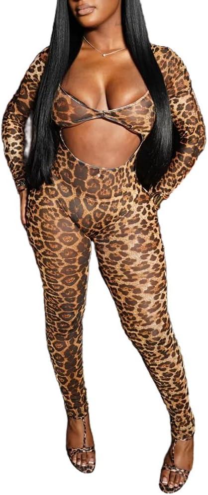 Molilove Cheetah Print Jumpsuit for Women Sexy Cut Out Jumpsuit Animal Print Long Sleeve V Neck Romper One Piece Set (Small, Khaki)