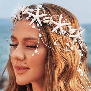 Unicra Starfish Headband Pearl Bride Wedding Hair Vine Shell Bridal Headpiece Beach Hair Accessories for Women and Girls (White Brown, Free Size)