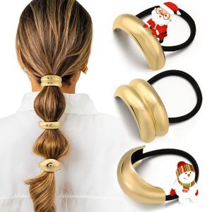 3PCS Gold Hair Ties, Metal Hair Ties for Thick Hair, Elegant Durable Geometric Design, Gold Hair Accessories Stretchy and Non-Damage Ponytail Cuff Holders, 3 Styles in Box Holiday Christmas Gifts (Gold Set 01)