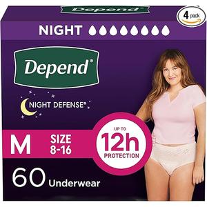 Depend Night Defense Adult Diapers, Incontinence & Postpartum Bladder Leak Underwear for Women, Disposable, Overnight, Medium, Blush, 60 Count (4 Packs of 15)