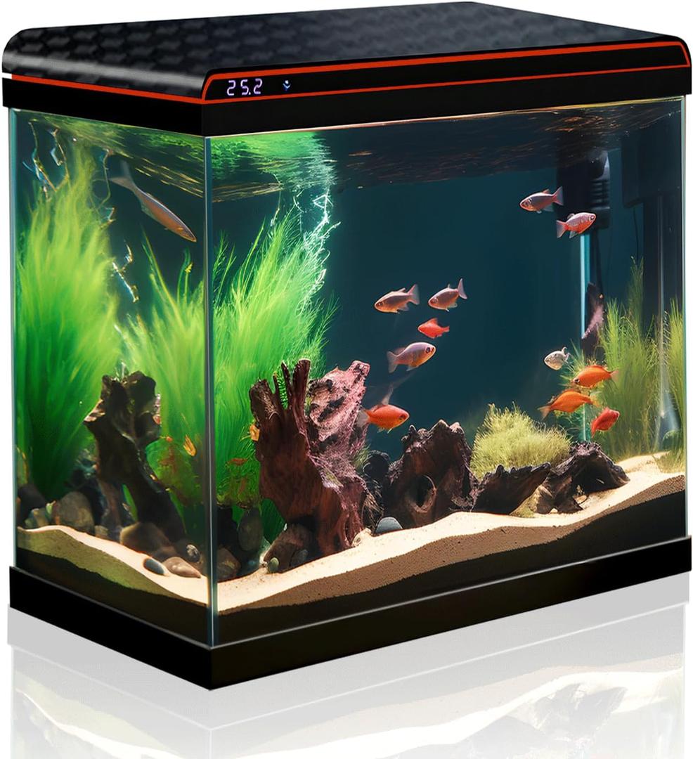 10 Gallon Fish Tank Smart Aquarium Kit, Glass Small Aquarium Starter Kits Self Cleaning with 3 Types of LED Lights and Filter Water Pump, Water Temperature Detection Ultra Quiet Gift for Kid (Black)