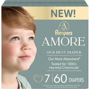 Pampers Amore, Size 7 (26-50 lbs), 60 Count, Our Best Diaper  Hypoallergenic & Fragrance Free, Up to 100% Leakproof, Soft as Cashmere