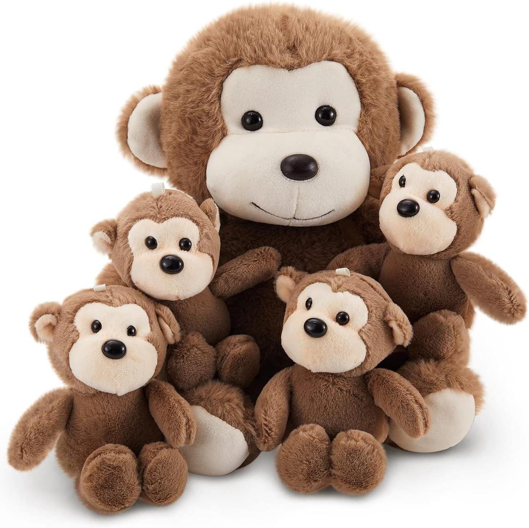 Lewtemi 5 Pcs Monkey Stuffed Animals Large Plush Toy with 4 Cute Plush Baby Monkeys Soft Stuffed Animals Toy Cuddly Plushie for Boys and Girls Birthday Gifts Party Favors for Kids