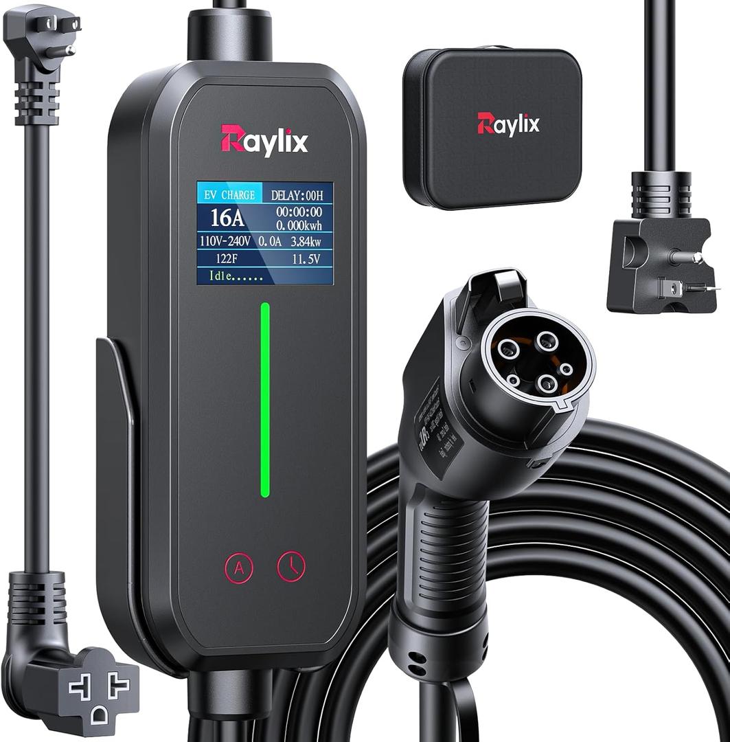 Raylix 16A Level 1 2 EV Charger, 110V-240V Electric Car Charger with 21ft Cable, Adjustable Current and Delay Charging Portable EV Chargers, for All SAE J1772 Nema 6-20/ 5-15 Plug Accessories