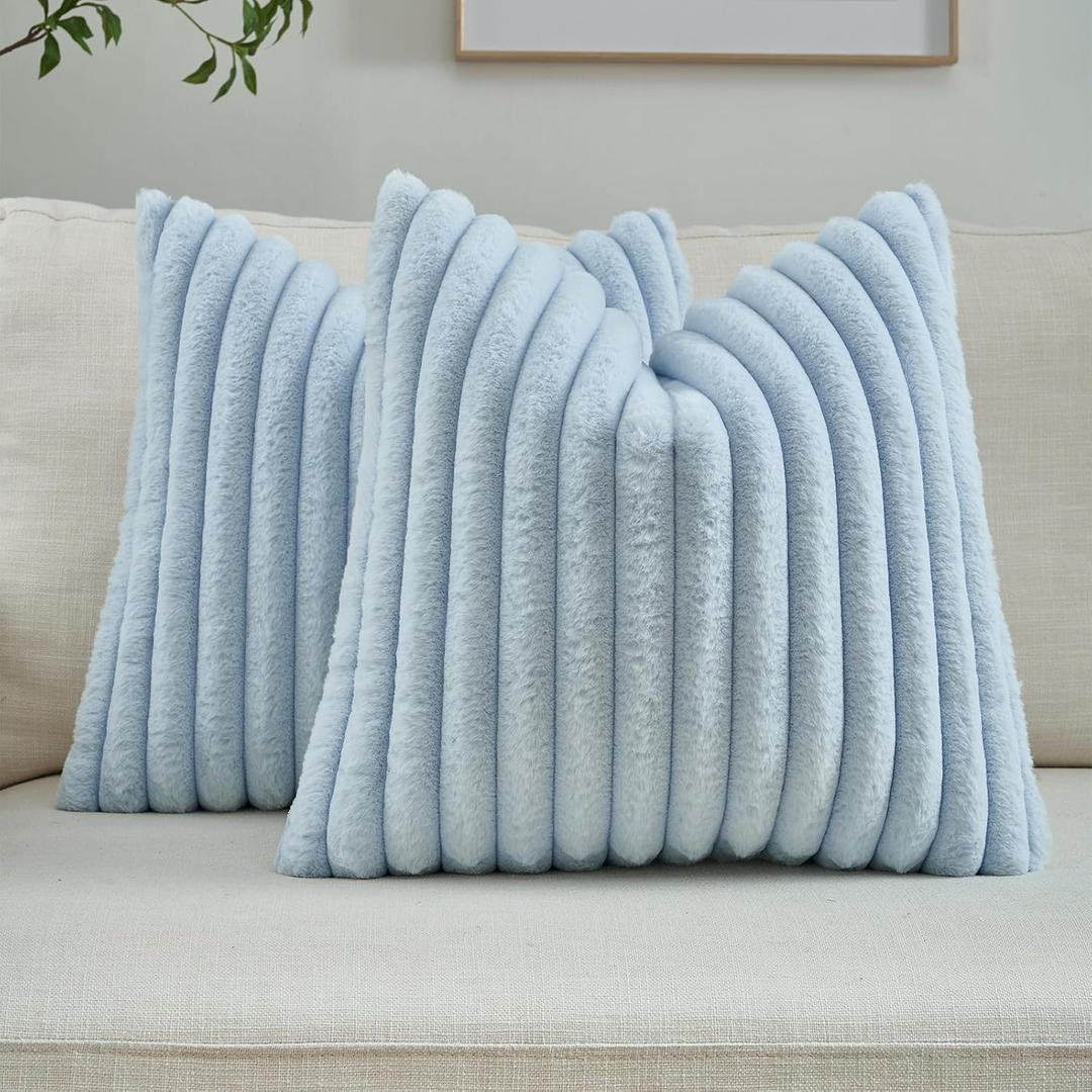 FUTEI Pack of 2 Solid Faux Fur Plush Throw Pillow Covers 18x18 Inch Soft Fluffy Striped Decorative Cushion Cases Modern Farmhouse Accent for Couch Bed Living Room, Light Blue
