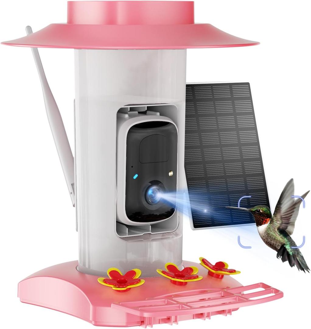 Hummingbird Feeder with Camera Outdoor, SV3C Hanging Bird Feeder with Ant Moat & Bee-Proof, HD 2K Solar Powered, AI Bird Identify, Instant App Alerts, Auto Capture, Hummingbird Lover Gifts, 21oz, Pink