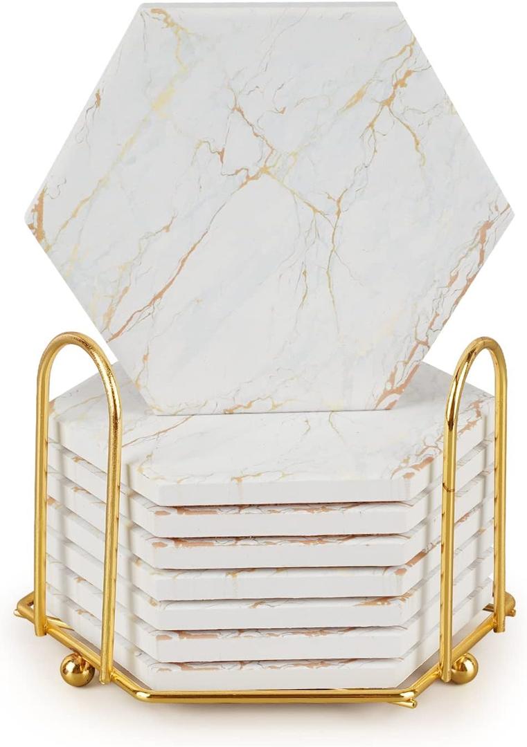 Coasters for Drinks with Holder, Absorbent Marble Coaster Set of 8, Ceramic White and Gold Coasters for Coffee Table,Housewarming Gift,Tabletop Protection, Home Decor (Design 2)