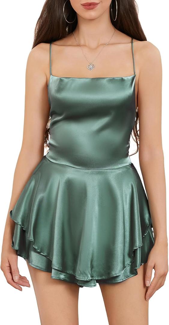 Women Sexy Backless Short Romper Satin Dress Cowl Neck Tie Ruffle Layer Spaghetti Strap Jumpsuit Mini Dress (Small, Green)