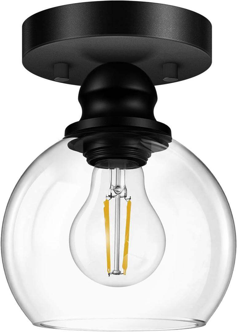 Bricosmocon Industrial Semi Flush Mount Ceiling Light, 5.91 Inch Clear Glass Ceiling Lamp Shade, Matte Black Closet Lights, Garage Ceiling Light Fixture for Hallway Porch Entryway Bath Vanity (E26 Base, No Bulb)