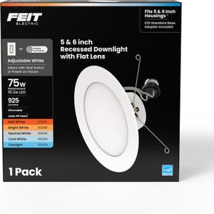 Feit Electric 6in LED Recessed Downlight, 75W Equivalent, Adjustable White 2700K5000K, Switch-Selectable Color Temperature, Dimmable, E26 Retrofit, 10.2W, 50,000-Hour Lifetime, LEDR56F/6WYCA