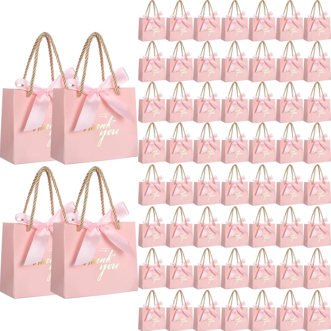 Colarr 60 Pcs Small Thank You Gift Bags Mini Party Favor Candy Bags with Handles and Bow Ribbon for Wedding Birthday Baby Shower Guest Valentines Day Party Supplies(Pink Ribbon)
