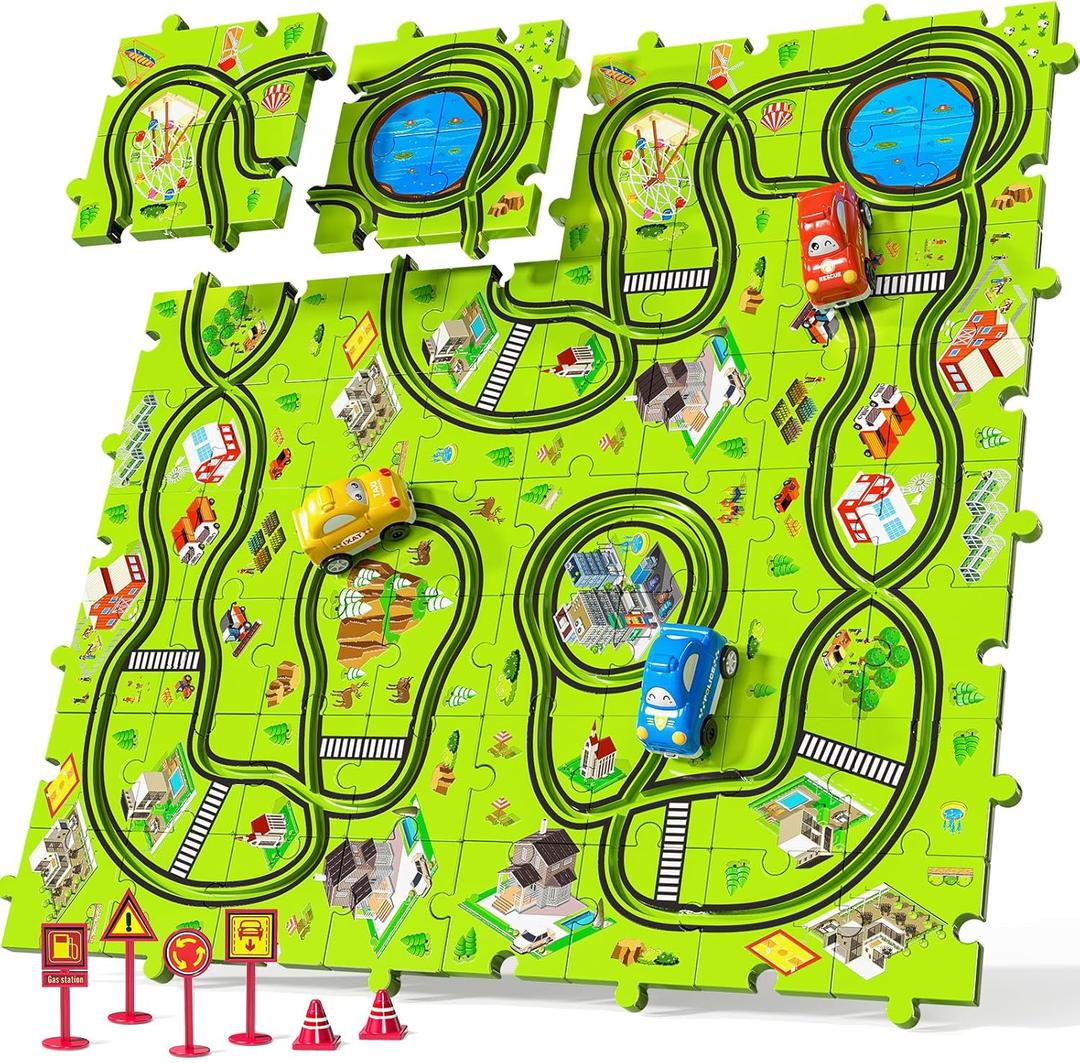 TEMI 64 Pieces Puzzle Race Tracks Car Set Toys for Kids Ages 3-5 - Toddler Toys Gifts for 3 4 5 Year Old Boys, Puzzle Tracks Car for Boys Ages 3-5 4-6, 3 4 5 6 Year Old Birthday Gifts