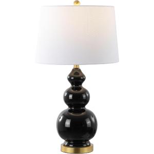 JONATHAN Y Bowen 27.5" Ceramic Triple Gourd Table Lamp, Black/Brass Gold | Contemporary, White Linen Drum Shade, Modern Transitional Style, Metal Base, LED Bulb Included