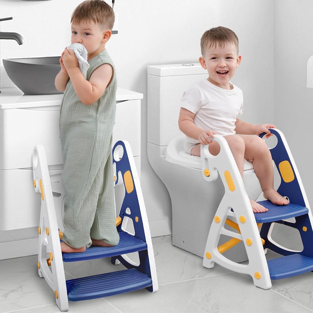 Potty Training Seat, Primlect Upgrade Ultra-Stable Toddler Toilet Seat for Kids Boys Girls, 2 in 1 Potty Training Toilet with Step Stool, Adjustable Seat and Ladder, Non-Slip Pad, Splash Guard(Blue)