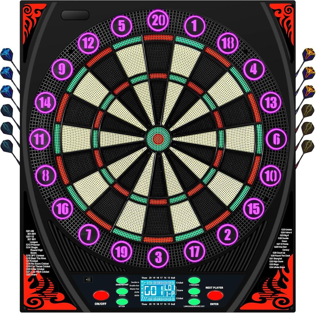 Soft Tip Electronic Dart Board for Adults, 9-Color LED&Voice Prompt, 18.11x20.47x1.18"