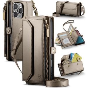 Wallet Case Compatible with iPhone 16 Pro 6.3" RFID Blocking 10-Card Holder PU Leather Magnetic Snap Shoulder Strap Zipper Pocket Phone Case Fit for iPhone 16 Pro for Women - Desert Titanium