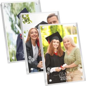Aneco 3 Pack Class of 2026 Graduation Acrylic Picture Frames 4 x 6 Inch Graduate Double Sided Magnet Frames Clear Thick Freestanding Desktop Display with Engraved Design for High School College Gifts