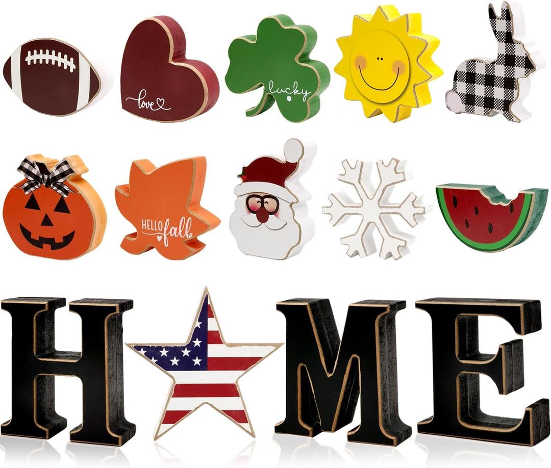 Interchangeable Home Table Signs with 11Pcs Seasonal Icons, Wooden "HOME" Letter Signs Interchangeable Holiday Decorative Table Centerpiece Shelf Sign for Holiday Decoration