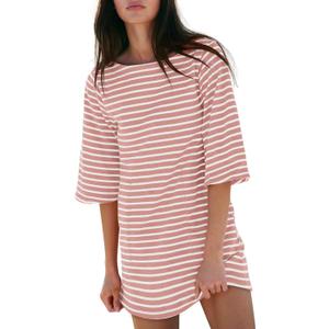 Yousify Women's T Shirt Dress Cotton Summer Dresses 2025 Casual Loose Short Sleeve Striped Mini Dress with Pockets (Small, Pink and White)