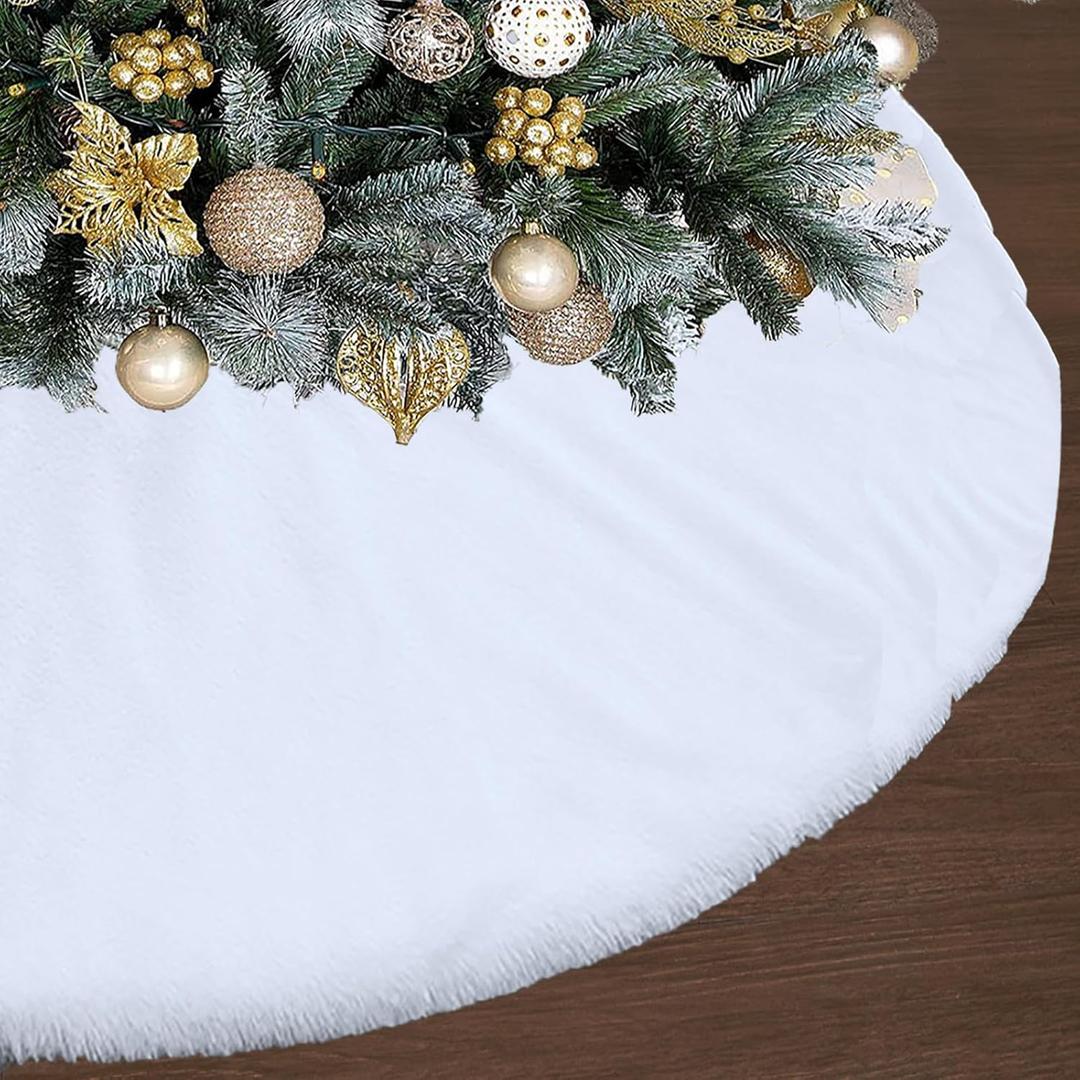 60 Inch White Christmas Tree Skirt, Faux Fur Large Christmas Tree Skirt Holiday Xmas Decorations