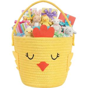 Small Woven Storage Basket with Handle, Cute Cartoon Chick Baskets for Gift Empty, Cotton Rope Storage Basket for Toy Organizer