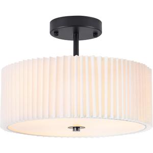 Bargeni Semi Flush Mount Ceiling Light,12.5 inch Ceiling Light Fixture,Black Flush Mount Light Fixture with Pleated Fabric Drum Shade,Light Fixtures Ceiling Mount for Bedroom,Living Room,Hallway