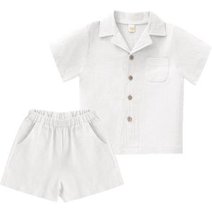 XMWEALTHY Toddler Baby Boy Summer Clothes Color Block Short Sleeve Button-down Shirt Tops + Cotton Pants Outfit Set (2-3T, White)