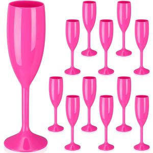 Maxcheck 12 Pcs Champagne Flutes Bulk Acrylic Toasting Drinking Flute Unbreakable Goblet Champagne Cups 6 oz Plastic Wine Glasses for Mother's Day Wedding Bridal Shower Anniversary Party (Hot Pink)