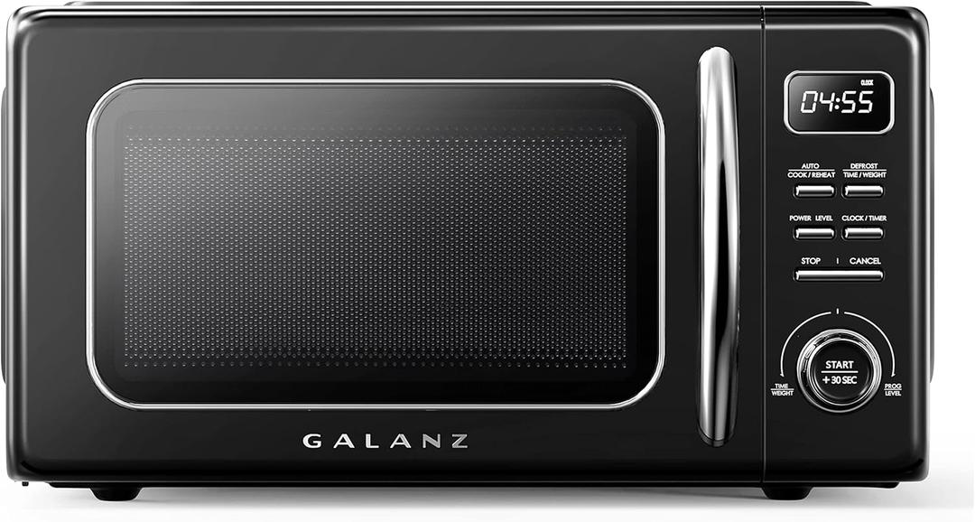 Galanz GLCMKZ11BKR10 Retro Countertop Microwave Oven with Auto Cook & Reheat, Defrost, Quick Start Functions, Easy Clean with Glass Turntable, Pull Handle, 1.1 cu ft, Black
