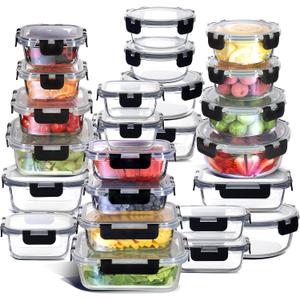 EATEX 48pc Glass Storage Containers with Lids, 24 Set Glass Food Storage Containers with 24 Airtight Lids, Pantry Kitchen Meal Prep Containers for Lunch, Freezer Storage Containers, Dishwasher Safe (24 Pack Standard, Black)