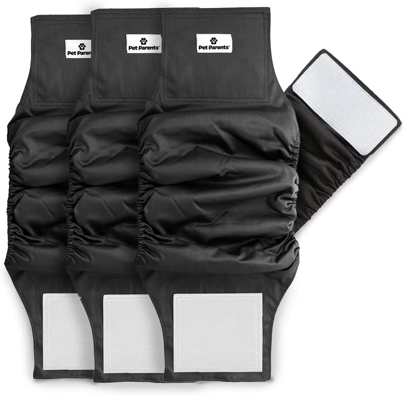 Pet Parents Washable Belly Bands for Male Dogs (3pack) + Extendrs of Durable Dog Diapers Male, Premium Male Dog Diapers & Dog Wraps, Black (Large (20-25")