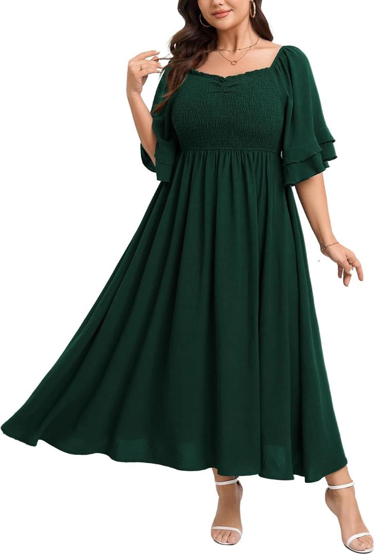 SCOMCHIC Womens Plus Size Maxi Dresses Smocked Square Neck Short Sleeve Wedding Guest Formal Flowy A-Line Long Dress (Emerald Green)