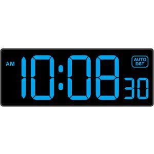 Soobest LED Wall Clock Digital Clock with Seconds, Electric Plug in Large Big Numbers Clock 5 Dimmers Wall Mount for Living Room, Auto DST, 10 Inches (Blue)
